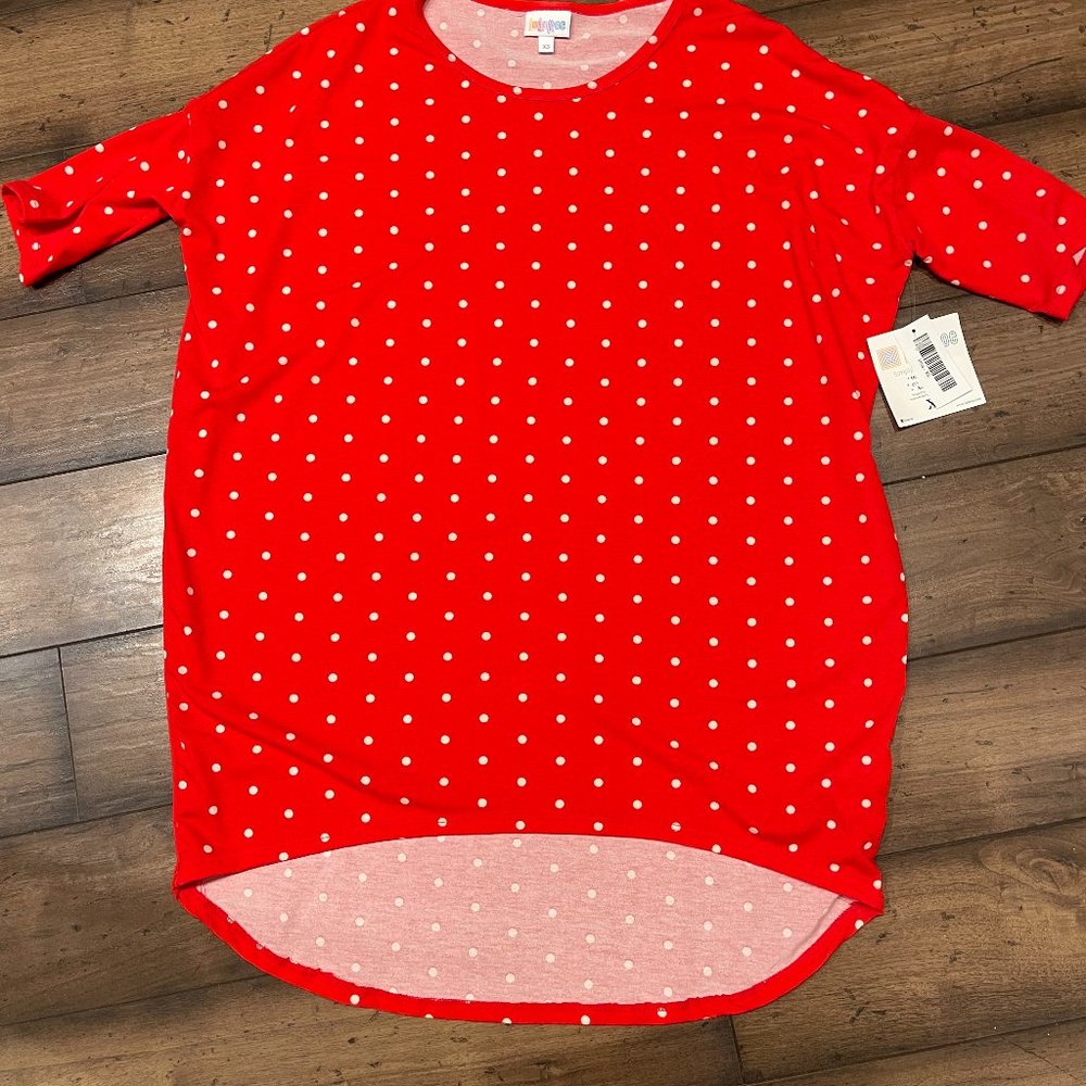 LulaRoe Irma Shirt, NWT, Red & White Polka Dot